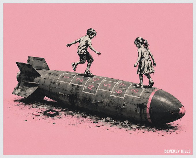 A black-and-white Banksy-style illustration of two children playing hopscotch on a bomb, set against a bright pink background with the text 'BEVERLY KILLS'.