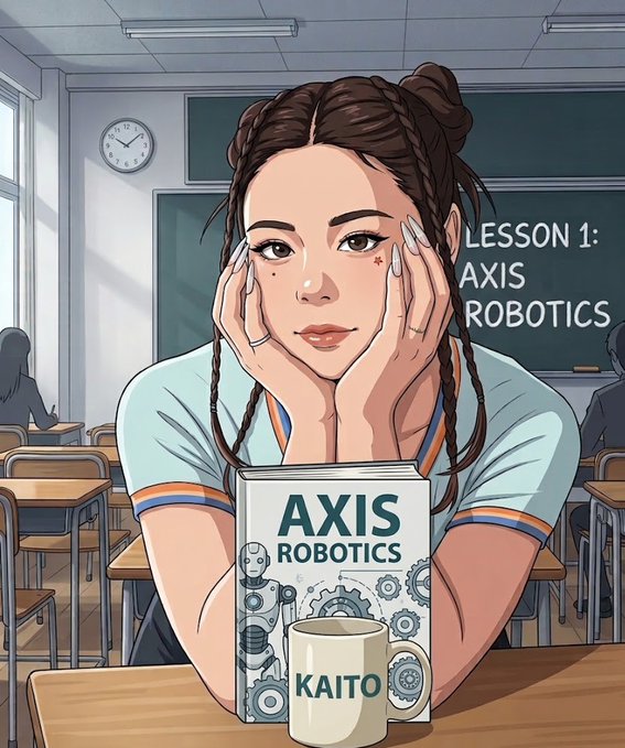 A young woman with braided hair rests her chin on her hands at a classroom desk, with a book titled "AXIS ROBOTICS" and a mug labeled "KAITO" in front of her, alongside a blackboard reading "LESSON 1: AXIS ROBOTICS," visually reinforcing the post's announcement of the Kaito and Axis Robotics partnership and its InfoFi significance.