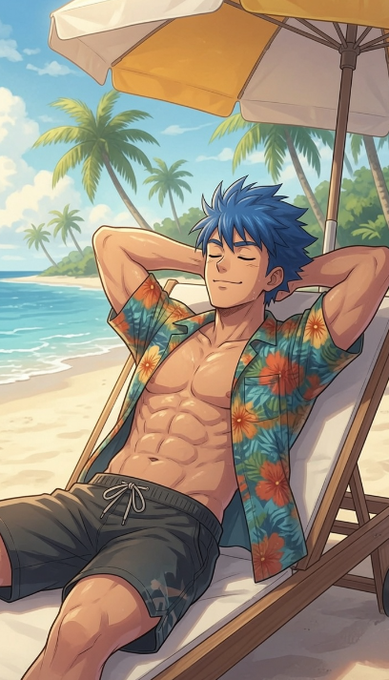 Anime-style illustration of a blue-haired, muscular man in an open tropical floral shirt and swim shorts relaxing on a beach chair under an umbrella.