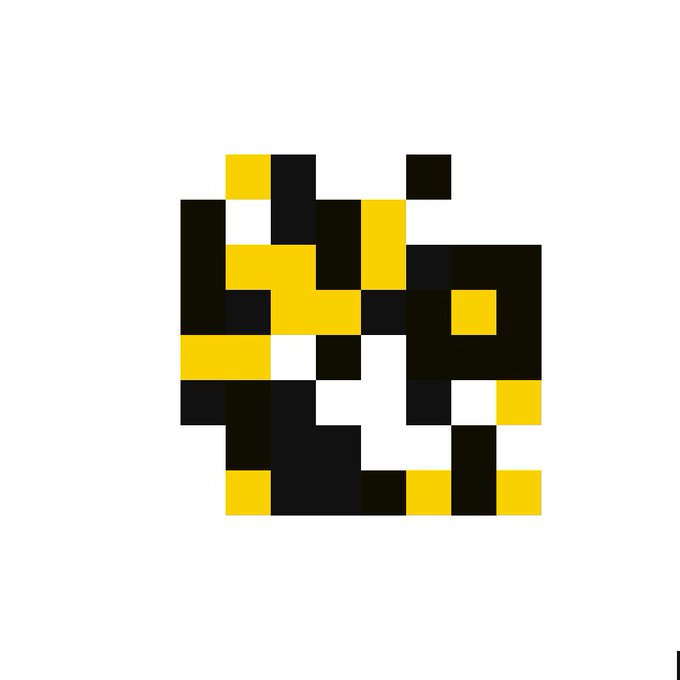 A low-resolution pixel art or QR-code style image featuring yellow, black, white, and gray squares arranged in an abstract pattern.