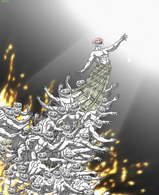The illustration shows a troll face figure atop a towering pile of smaller troll face creatures amid flames, with the username "#TROLL" in the top-left corner—visually echoing the post's call for bold conviction and aggressive, troll-like bidding against the market.