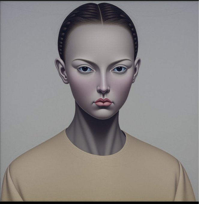 A digitally rendered portrait of a woman with pale skin, blue eyes, and dark hair pulled back tightly, wearing a beige shirt against a plain background.