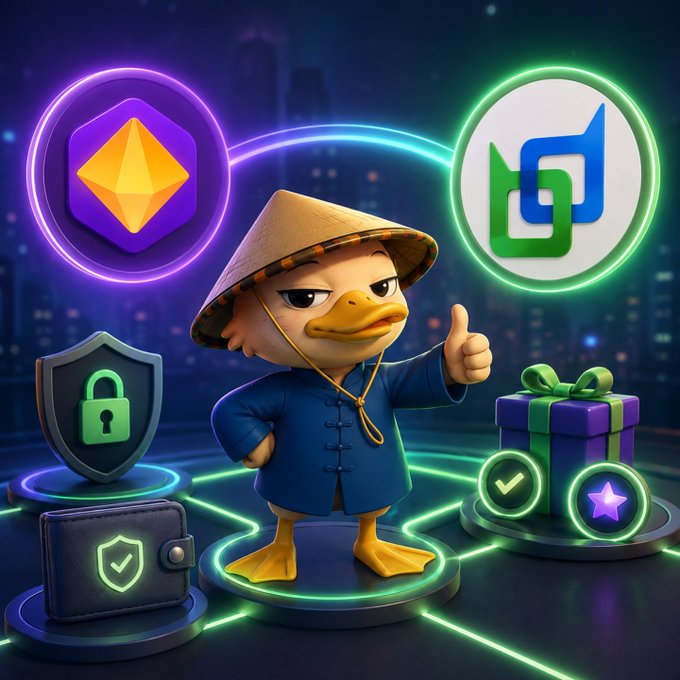 A 3D-rendered duck character wearing a conical hat and blue tunic gives a thumbs-up, surrounded by glowing crypto and tech icons including a purple hexagon token, a green-blue logo, a security shield, a gift box, and a wallet with a checkmark.