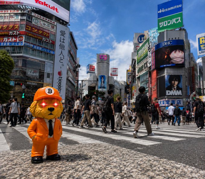 An orange toy dog figure wearing a Bitcoin cap and tie stands in the foreground of a busy Shibuya crossing in Tokyo, with various billboards like DHC and UNIQLO visible.