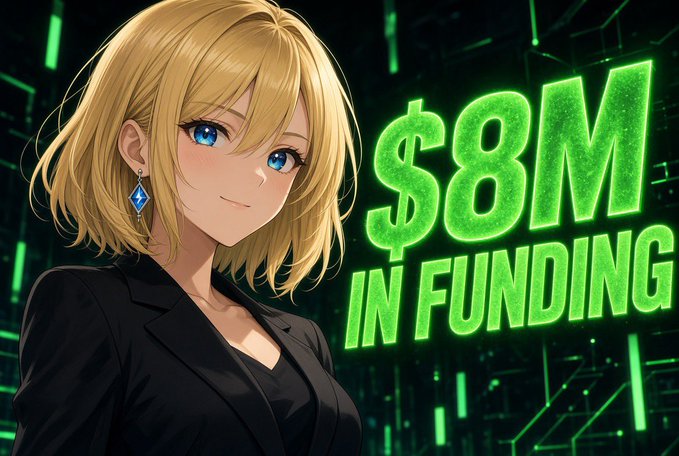 An anime-style illustration of a blonde woman in a black blazer stands beside large glowing green text reading "$8M IN FUNDING" against a circuit-board background.