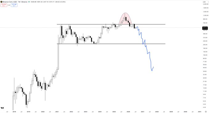 A long-term monthly candlestick chart of Binance Coin/U.S. Dollar (BNB/USD) on Binance showing a massive price surge peaking around 2025, with a red circle highlighting the top and a blue arrow indicating a projected steep decline toward ~$30 by 2028.