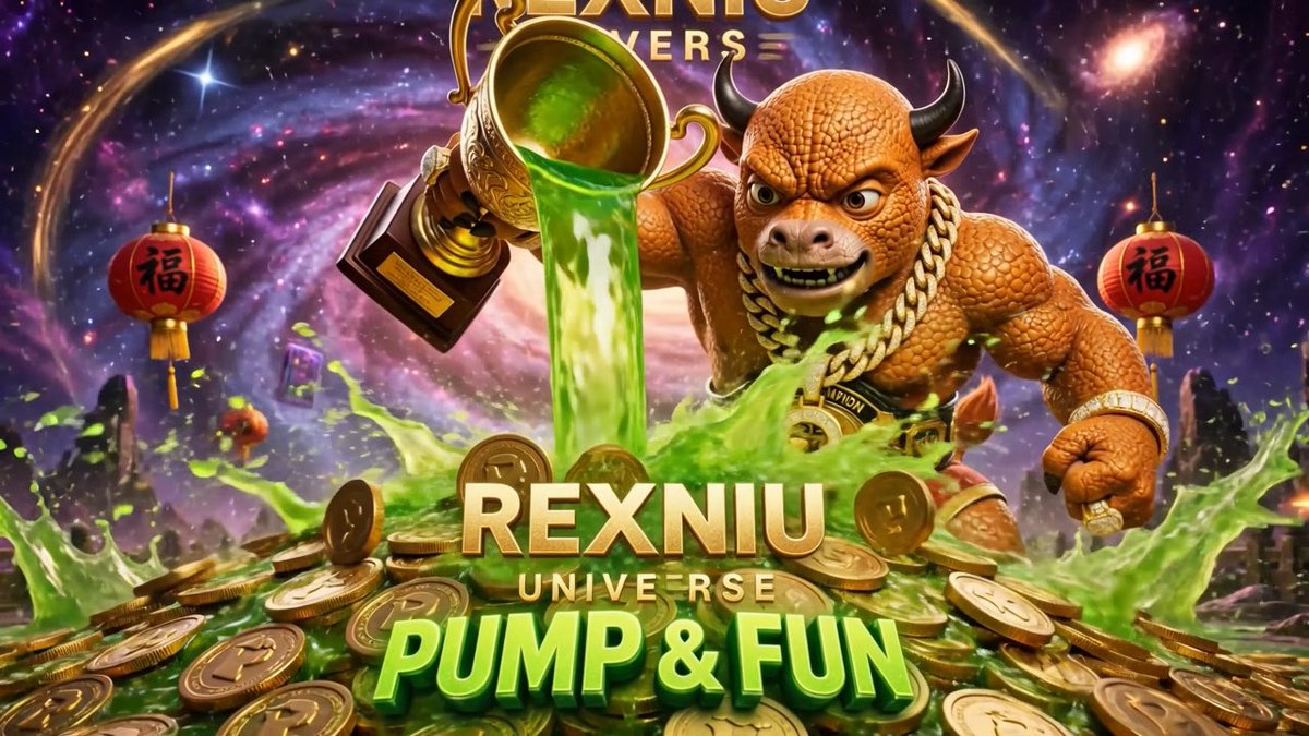 Promotional artwork for 'REXNIU UNIVERSE - PUMP & FUN' featuring a muscular bull-like character with horns pouring green liquid from a trophy, surrounded by gold coins and Chinese lanterns in a cosmic setting.