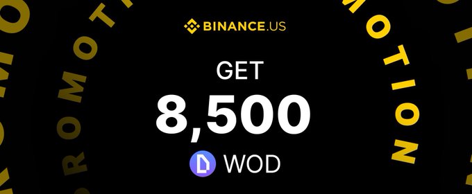 A promotional banner from Binance.US featuring the text 'GET 8,500 WOD' with a WOD token logo, set against a black background with repeating gold 'PROMOTION' lettering.