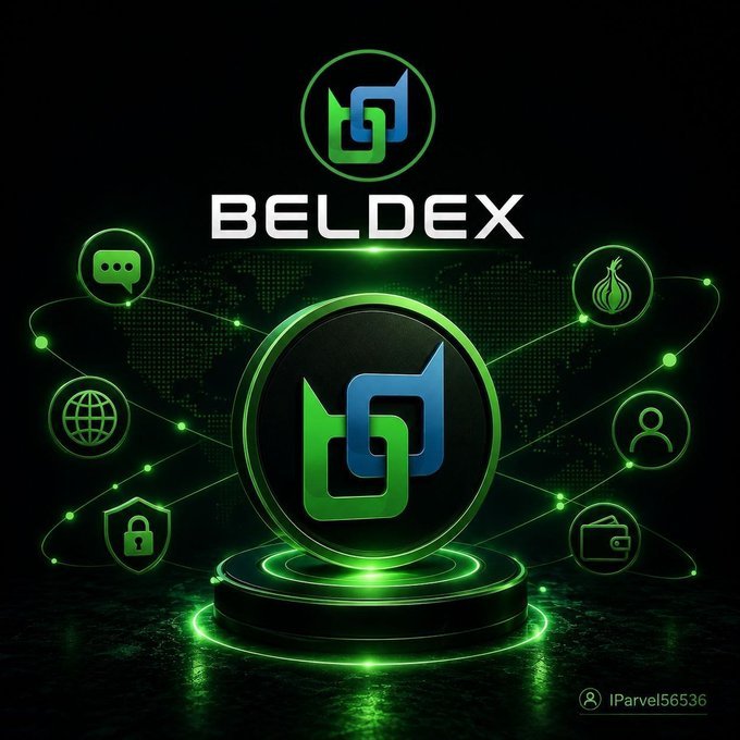 A promotional graphic for 'BELDEX' cryptocurrency featuring its green logo surrounded by icons representing messaging, security, global network, and wallet features.