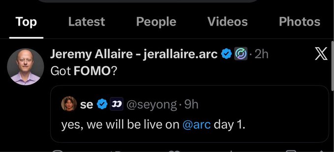 A screenshot of an X (formerly Twitter) post from Jeremy Allaire (@jerallaire.arc) reading "Got FOMO?" with a quote tweet from @seyong stating "yes, we will be live on @arc day 1." The image captures the FOMO sentiment referenced in the caption, showing how Jeremy Allaire is reacting with excitement about the Arc memecoin launch.