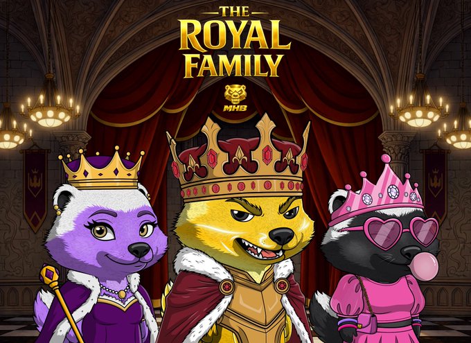 A cartoon illustration shows three crowned bears styled as a royal family under the golden text "THE ROYAL FAMILY" with the "MHB" ticker emblem, fitting the post's "Kings and Queens" theme and promoting the MHB community's Discord giveaway.