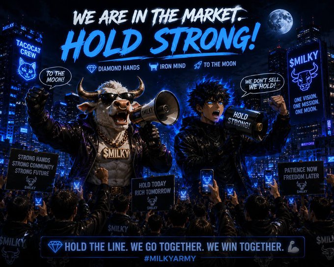 A promotional graphic titled 'WE ARE IN THE MARKET. HOLD STRONG!' featuring a bull character and a person with glowing eyes, with slogans like 'DIAMOND HANDS,' 'TO THE MOON,' 'WE DON'T SELL WE HOLD!,' and '#MILKYARMY.'