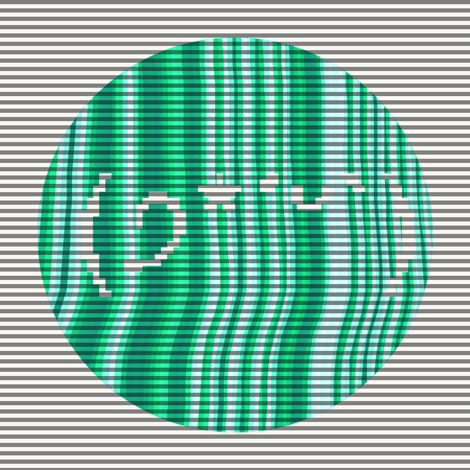 A circular logo with green and white vertical stripes that warp in the middle, featuring a partially visible white checkmark or letter design on a horizontally striped gray and white background.