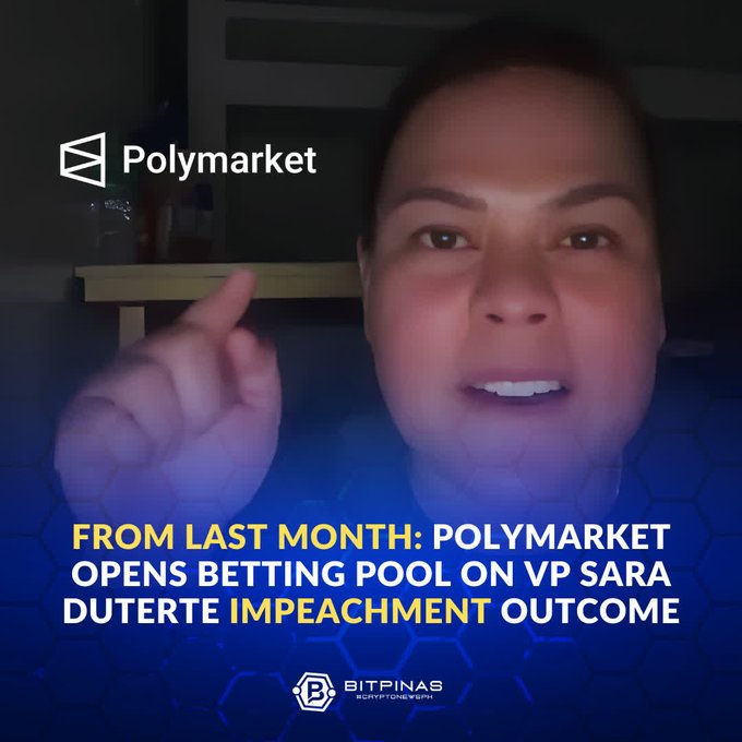 Thumbnail featuring a woman pointing upward with the Polymarket logo, captioned 'FROM LAST MONTH: POLYMARKET OPENS BETTING POOL ON VP SARA DUTERTE IMPEACHMENT OUTCOME' by BitPinas.