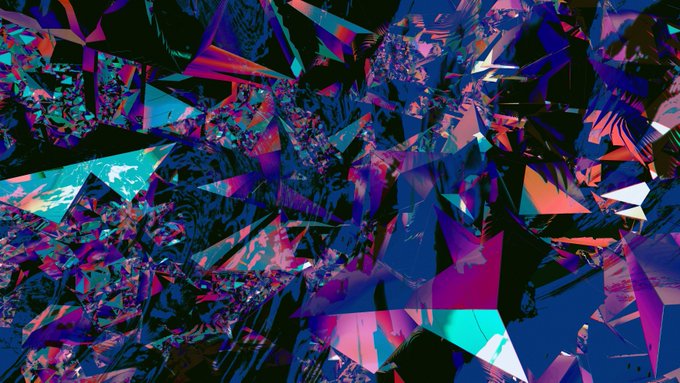 A vibrant, abstract digital artwork displaying fragmented, crystalline shapes in shades of blue, purple, and pink against a dark background.