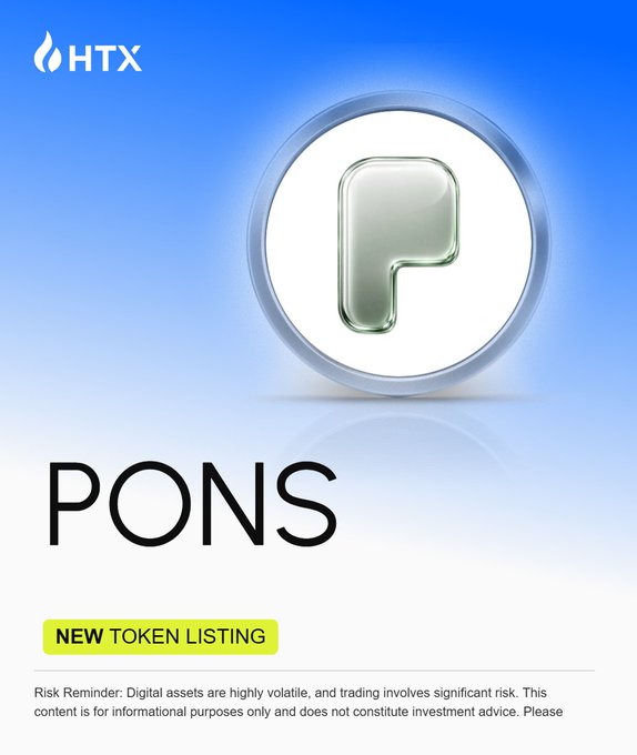 An HTX cryptocurrency exchange announcement for a new token listing called 'PONS' featuring a silver 'P' logo on a blue background, with a risk disclaimer at the bottom.