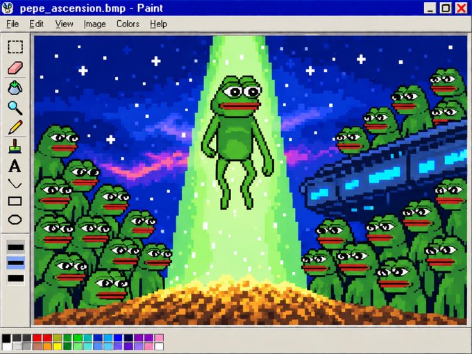 A pixel art meme depicting a Pepe frog being beamed up by a UFO in the style of Windows 95 MS Paint, with many other Pepe frogs watching.