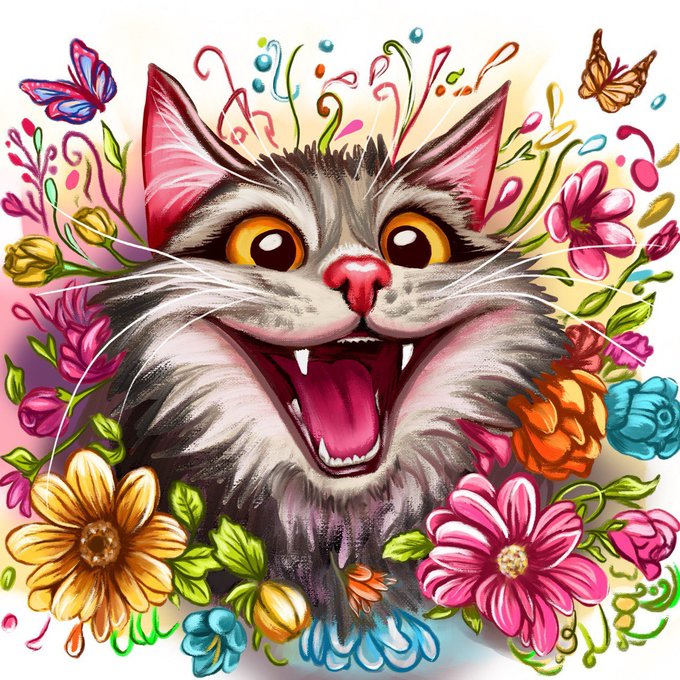 A vibrantly illustrated, wide-eyed fluffy cat with its mouth open in an excited yawn or meow is surrounded by a colorful explosion of flowers, butterflies, and party streamers. The image perfectly captures the "Tezos Party" celebratory mood, evoking the energetic, joyful spirit of a blockchain celebration with its festive, party-ready feline mascot.
