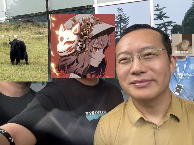 A man in a yellow shirt and glasses smiles while taking a selfie at what appears to be an OKX event, with an anime-style fox mask logo (OKX's mascot) overlaid, matching the post about meeting the "beautiful big sisters" at the event.