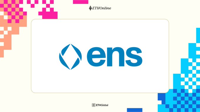 A graphic featuring the ENS (Ethereum Name Service) logo on a white card with colorful pixel art borders, credited to ETHOnline and ETHGlobal.