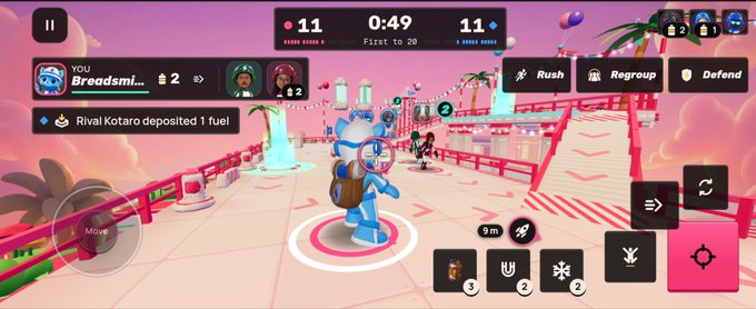 A colorful mobile game screenshot from BlastOff shows a blue character standing on a futuristic track, with controls and status text including “11,” “0:49,” “First to 20,” “Rush,” “Regroup,” and “Defend.” It illustrates the agentic strategy gameplay advertised in the accompanying post about the $BLASTOFF presale whitelist on SuiNetwork.