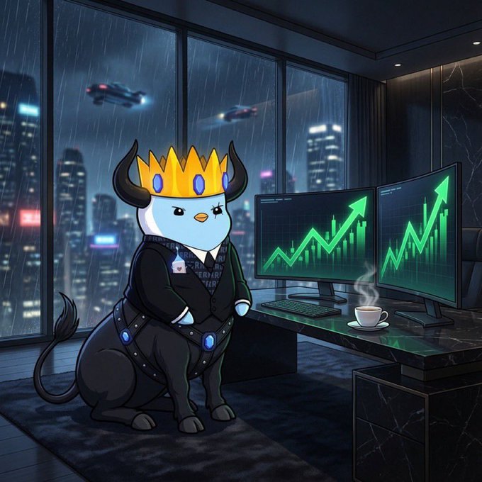 A cartoon mascot with horns and a yellow crown sits beside dual monitors displaying rising green stock charts in a high-rise office overlooking a rainy night cityscape. The imagery of upward-trending charts ties into the post's bullish call to "Send it first 50 k again $FERRE," suggesting the token is poised for another significant rally.