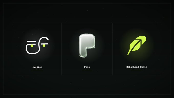Dark-themed graphic displaying three icons labeled 'eyebtrow', 'Pons', and 'Robinhood Chain'.