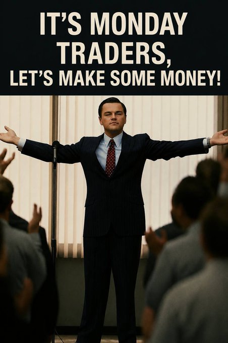 A meme featuring Leonardo DiCaprio in a suit with arms outstretched, with the text 'IT'S MONDAY TRADERS, LET'S MAKE SOME MONEY!' above him.