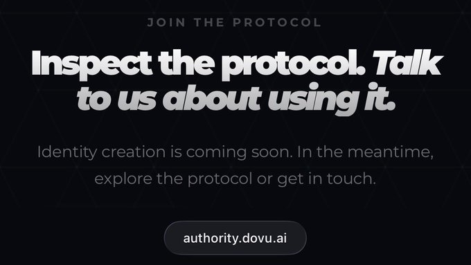The image displays a dark-themed promotional graphic for Authority Trail, featuring the tagline "Inspect the protocol. Talk to us about using it" alongside text announcing that identity creation is coming soon, with a button linking to "authority.dovu.ai." This visual reinforces the accompanying post's invitation for organizations to explore and engage with the Authorisation Protocol, which provides verified onchain proof of authority on the Hedera network.