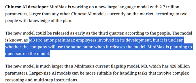 A news excerpt reports that Chinese AI developer MiniMax is developing a new 2.7 trillion-parameter large language model called M3 Pro, with plans to open-source it as early as the third quarter—significantly larger than their current M3 model with 428 billion parameters, aligning with the post's speculation about an upcoming "fable class" model release.