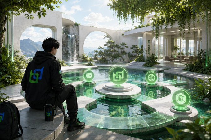 A digital artwork of a person in a black hoodie with a green logo sitting by a pool in a tropical setting, with glowing green holographic icons floating above the water displaying logos and symbols.