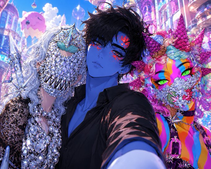 A vibrant digital illustration features three stylized figures with striking, otherworldly designs—a white-haired figure adorned with crystals and butterfly wings, a blue-skinned central character taking a selfie, and a colorful horned figure with bright green eyes—evoking the artistic NFT aesthetic celebrated in the post.