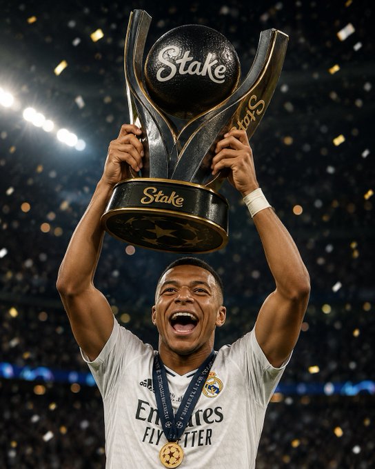 Kylian Mbappé in a Real Madrid jersey celebrating with a trophy labeled "Stake" lifted above his head amid falling confetti.