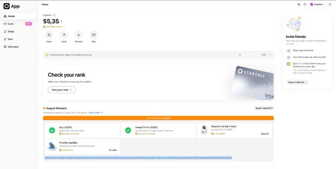 A screenshot of the Startale App dashboard showing a balance of $5.35 plus 60 STAR Points, with a progress bar indicating "2 missions completed" (Buy USDC and ETH to USDC tasks marked complete) and remaining tasks for Earn Vault and Liquidity still pending.