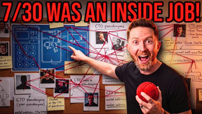 A YouTube thumbnail featuring a man with a beard and red hair yelling and holding red yarn, pointing at a complex conspiracy board with red strings, photos, and text reading '7/30 WAS AN INSIDE JOB!'.