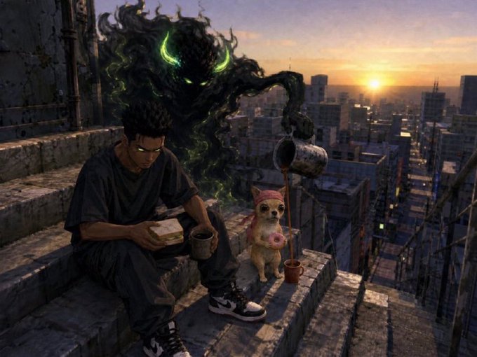 An anime-style illustration depicts a young man eating with a small dog beside him on a rooftop, while a dark, glowing-eyed spirit pours coffee from a pot, with a city sunset in the background.