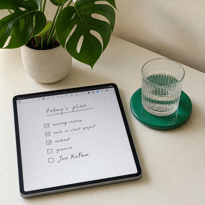 A tablet displays a handwritten-style to-do list titled "today's plan" with the same five items from the post checked off, placed next to a monstera plant and a glass of water on a white surface. The image visually reinforces the checklist format of the caption, highlighting the final item—Joining KuFam—as the priority tied to a 5,000 USDT newbie rewards pool on KuCoin.