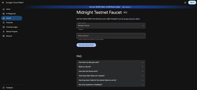 The image shows the Google Cloud Web3 portal displaying the "Midnight Testnet Faucet" page, where users can request free Testnet NIGHT tokens by entering their wallet address. This directly supports the announcement that Google Cloud has integrated Midnight by adding its testnet faucet and supporting it as a Federated Validator.