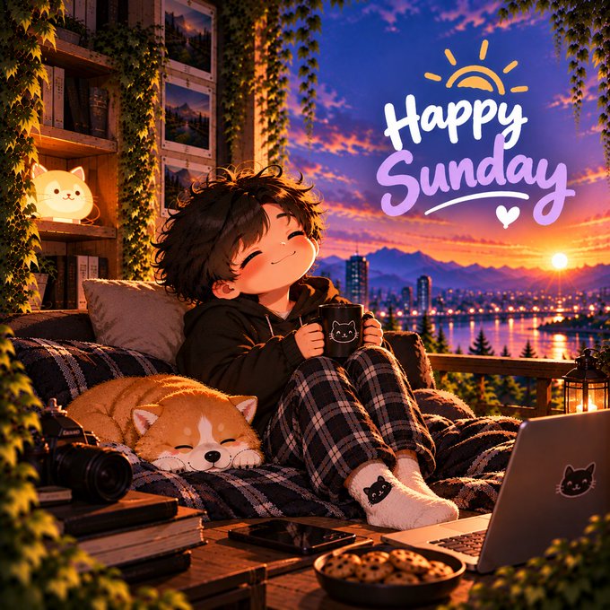 A cheerful chibi-style illustration shows a smiling child with curly hair enjoying a cozy Sunday morning on a couch, accompanied by a sleeping Shiba Inu, a glowing cat-shaped lamp, cookies, and a laptop, all set against a stunning city sunset view with "Happy Sunday" written in playful lettering in the sky. The warm, relaxed scene perfectly captures the peaceful joy and comfort of a leisurely weekend day.
