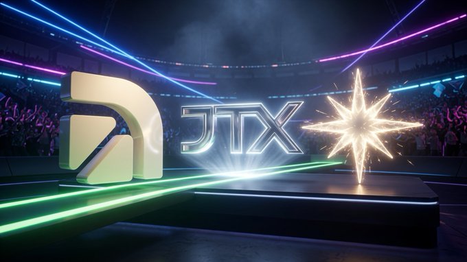 A futuristic esports arena with neon lights, featuring a large 'R' logo, 'JTX' text, and a glowing star emblem on a central stage.