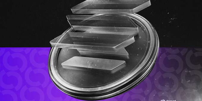 A grayscale image of a stacked coin or medallion with metallic rectangular slabs, set against a purple patterned background.