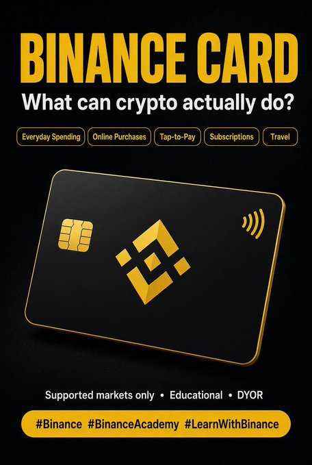 A promotional graphic for a "BINANCE CARD" highlights its uses for everyday spending, online purchases, tap-to-pay, subscriptions, and travel, featuring the Binance logo and hashtags #Binance, #BinanceAcademy, and #LearnWithBinance.