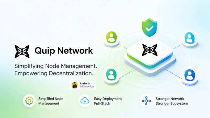The image features a poster for Quip Network, which promotes its services as a platform that simplifies the management of nodes and enables decentralization through the use of blockchain technology. The poster includes various icons representing different aspects of the platform's capabilities, such as cloud storage, node management, and deployment. The text on the poster highlights the benefits of using Quip Network for managing nodes and the advantages it offers over traditional centralized systems.