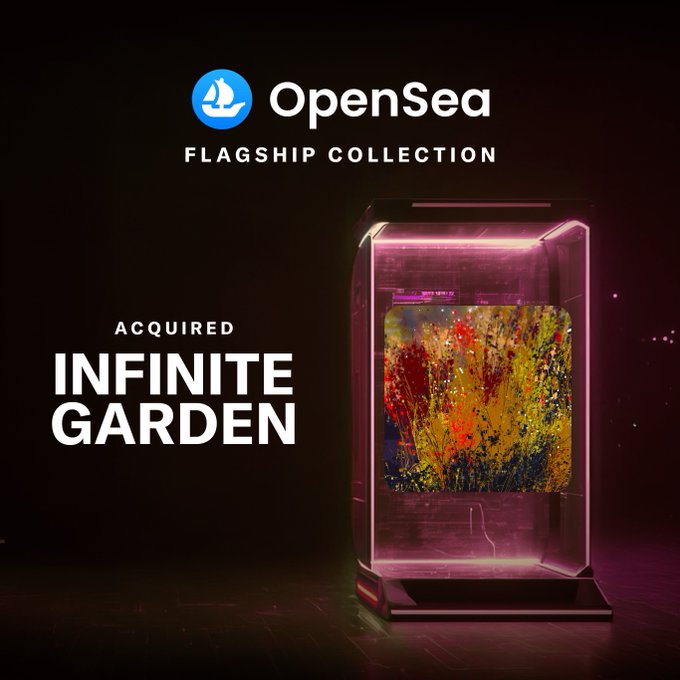 A promotional graphic for OpenSea's Flagship Collection announces the acquisition of "Infinite Garden" by @lennyjpg, featuring a vibrant, abstract floral artwork displayed within a glowing, futuristic pink-lit case. The piece aligns with the post's description of a collective, onchain botanical ecosystem shaped by collectors, evoking a living, digital garden.
