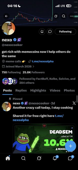 A Twitter/X profile for "nexo" (@nexocooker) with the bio "got rich with memecoins now I help others do the same," featuring a pinned post about a meme call on "DEADSEM" showing 10.6x.