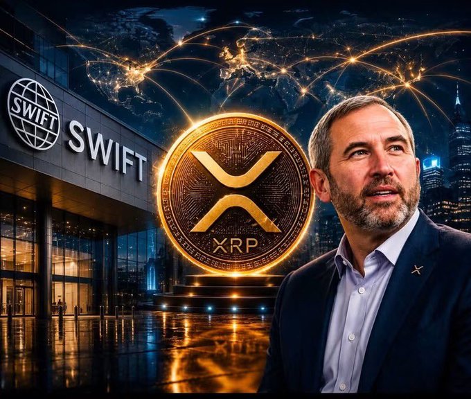 A composite image showing Ripple CEO Brad Garlinghouse in front of a SWIFT building, a large XRP coin, and a world map with glowing connection lines.