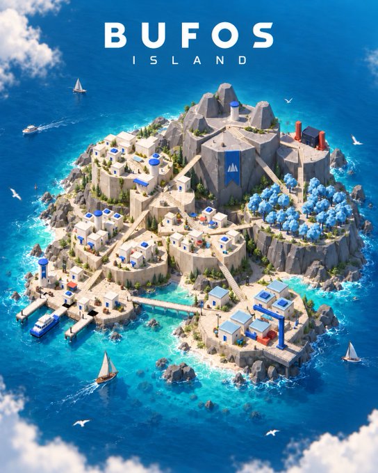 The image shows a stylized 3D-rendered island featuring white and blue buildings nestled among rocky terrain, with a large castle-like structure bearing an "M" emblem at its center. The bold text overlay reads "BUFOS ISLAND," with the dollar signs stylized as "Ü" and "Ö," giving the name a distinctive branded appearance that complements the crypto/blockchain aesthetic of the settlement.