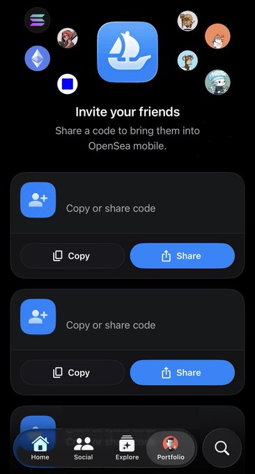 The image shows an app screen with a blue icon of a boat sailing on the ocean. The main focus of the image is a message that reads "Invite your friends. Share a code to bring them into OpenSea mobile." This message suggests that users can share their account information or codes for the OpenSea mobile app, allowing others to access and use it as well.