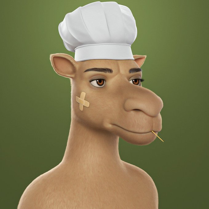 A 3D-rendered cartoon camel character wearing a white chef's hat, with a band-aid on its cheek and a toothpick in its mouth, set against a green background.
