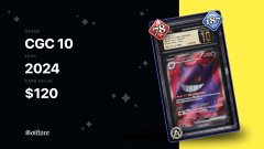 A promotional graphic displays 'CGC 10' '2024' '$120' and the word 'Bulliera' next to an image of a graded trading card in a PSA slab.